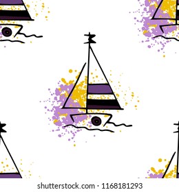 Childish drawing yacht silhouette on wave. Light summer travel adventure seamless pattern. Marine icon sketch on splash ink. Bright ship, sailboat. Retro sailing transport. Infinitely repeating motif