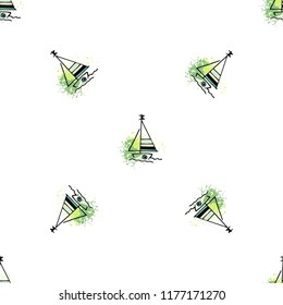 Childish drawing yacht silhouette on wave. Light summer travel adventure seamless pattern. Marine icon sketch on splash ink. Bright ship, sailboat. Retro sailing transport. Infinitely repeating motif