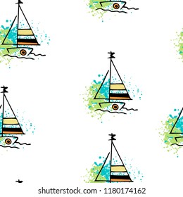 Childish drawing yacht silhouette on wave. Light summer travel adventure seamless pattern. Marine icon sketch on splash ink. Bright ship, sailboat. Retro sailing transport. Infinitely repeating motif