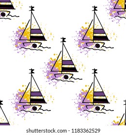 Childish drawing yacht silhouette on wave. Light summer travel adventure seamless pattern. Marine icon sketch on splash ink. Bright ship, sailboat. Retro sailing transport. Infinitely repeating motif