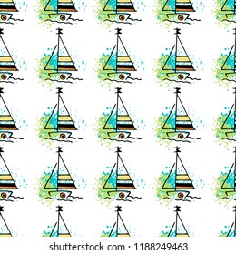 Childish drawing yacht silhouette on wave. Light summer travel adventure seamless pattern. Marine icon sketch on splash ink. Bright ship, sailboat. Retro sailing transport. Infinitely repeating motif