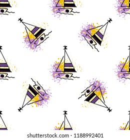 Childish drawing yacht silhouette on wave. Light summer travel adventure seamless pattern. Marine icon sketch on splash ink. Bright ship, sailboat. Retro sailing transport. Infinitely repeating motif