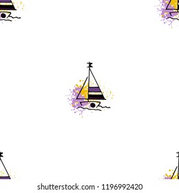 Childish drawing yacht silhouette on wave. Light summer travel adventure seamless pattern. Marine icon sketch on splash ink. Bright ship, sailboat. Retro sailing transport. Infinitely repeating motif
