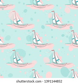 Childish drawing yacht silhouette on wave. Light summer travel adventure seamless pattern. Marine icon sketch on splash ink. Bright ship, sailboat. Retro sailing transport. Infinitely repeating motif.