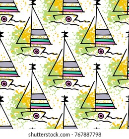 Childish drawing yacht silhouette on wave. Light summer travel adventure seamless pattern. Marine icon sketch on splash ink. Bright ship, sailboat. Retro sailing transport. Infinitely repeating motif.