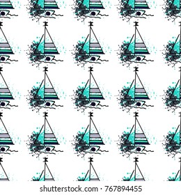 Childish drawing yacht silhouette on wave. Light summer travel adventure seamless pattern. Marine icon sketch on splash ink. Bright ship, sailboat. Retro sailing transport. Infinitely repeating motif.