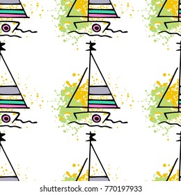 Childish drawing yacht silhouette on wave. Light summer travel adventure seamless pattern. Marine icon sketch on splash ink. Bright ship, sailboat. Retro sailing transport. Infinitely repeating motif.