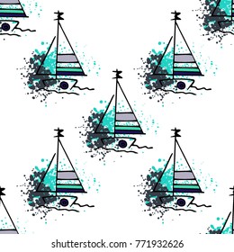 Childish drawing yacht silhouette on wave. Light summer travel adventure seamless pattern. Marine icon sketch on splash ink. Bright ship, sailboat. Retro sailing transport. Infinitely repeating motif.