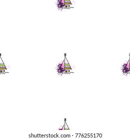 Childish drawing yacht silhouette on wave. Light summer travel adventure seamless pattern. Marine icon sketch on splash ink. Bright ship, sailboat. Retro sailing transport. Infinitely repeating motif.