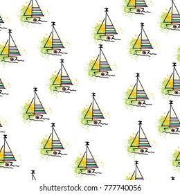 Childish drawing yacht silhouette on wave. Light summer travel adventure seamless pattern. Marine icon sketch on splash ink. Bright ship, sailboat. Retro sailing transport. Infinitely repeating motif.