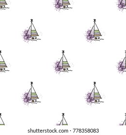 Childish drawing yacht silhouette on wave. Light summer travel adventure seamless pattern. Marine icon sketch on splash ink. Bright ship, sailboat. Retro sailing transport. Infinitely repeating motif.