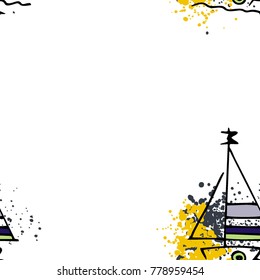 Childish drawing yacht silhouette on wave. Light summer travel adventure seamless pattern. Marine icon sketch on splash ink. Bright ship, sailboat. Retro sailing transport. Infinitely repeating motif.