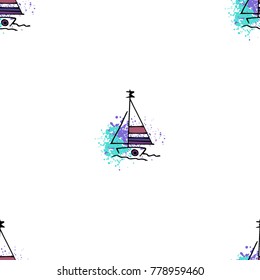 Childish drawing yacht silhouette on wave. Light summer travel adventure seamless pattern. Marine icon sketch on splash ink. Bright ship, sailboat. Retro sailing transport. Infinitely repeating motif.