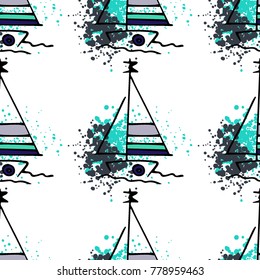 Childish drawing yacht silhouette on wave. Light summer travel adventure seamless pattern. Marine icon sketch on splash ink. Bright ship, sailboat. Retro sailing transport. Infinitely repeating motif.