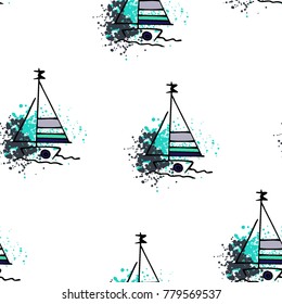 Childish drawing yacht silhouette on wave. Light summer travel adventure seamless pattern. Marine icon sketch on splash ink. Bright ship, sailboat. Retro sailing transport. Infinitely repeating motif.