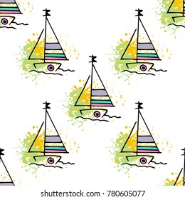 Childish drawing yacht silhouette on wave. Light summer travel adventure seamless pattern. Marine icon sketch on splash ink. Bright ship, sailboat. Retro sailing transport. Infinitely repeating motif.
