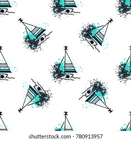 Childish drawing yacht silhouette on wave. Light summer travel adventure seamless pattern. Marine icon sketch on splash ink. Bright ship, sailboat. Retro sailing transport. Infinitely repeating motif.