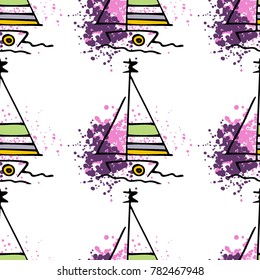 Childish drawing yacht silhouette on wave. Light summer travel adventure seamless pattern. Marine icon sketch on splash ink. Bright ship, sailboat. Retro sailing transport. Infinitely repeating motif.