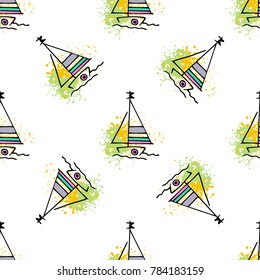 Childish drawing yacht silhouette on wave. Light summer travel adventure seamless pattern. Marine icon sketch on splash ink. Bright ship, sailboat. Retro sailing transport. Infinitely repeating motif.