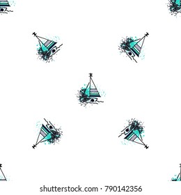 Childish drawing yacht silhouette on wave. Light summer travel adventure seamless pattern. Marine icon sketch on splash ink. Bright ship, sailboat. Retro sailing transport. Infinitely repeating motif.