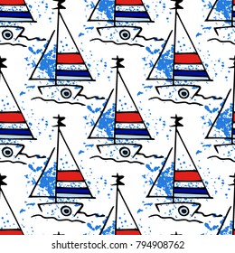 Childish drawing yacht silhouette on wave. Light summer travel adventure seamless pattern. Marine icon sketch on splash ink. Bright ship, sailboat. Retro sailing transport. Infinitely repeating motif.