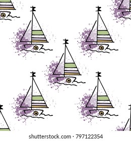 Childish drawing yacht silhouette on wave. Light summer travel adventure seamless pattern. Marine icon sketch on splash ink. Bright ship, sailboat. Retro sailing transport. Infinitely repeating motif.