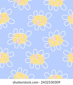 Childish Drawing-like Floral Seamless Vector Pattern.Abstract Daisy Flowers on a Light Blue Background. Infantile Style Flowers with White Petals and Yellow Pistil.Cute Abstract Blue Garden Print.RGB.