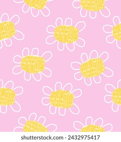 Childish Drawing-like Floral Seamless Vector Pattern. Abstract Daisy Flowers on a Light Pink Background. Infantile Style Flowers with White Petals and Yellow Pistil. Abstract Pink Garden Print. RGB.