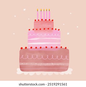 Ilustração de Vetor de Desenho Infantil com Bolo de Aniversário em um Fundo Rosa-azulado. Estilo infantil bonito impressão com mão desenhado bolo de aniversário grande Ideal para cartão, saudação, convite. RGBanguage