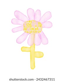 Childish Drawing-like Watercolor Floral Vector Illustration. Hand Painted Pink Flower on a White Background. RGB. Infantile Style Floral Design Ideal for Wall Art, Card, Kids' Room Decoration.
