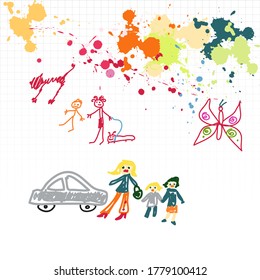 Childish drawings and blots on a squared notebook page. Back to School
