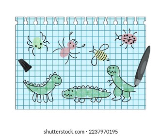 Kinderliche Zeichnungen von Insekten und Dinosauriern, Vektorgrafik. Fingerabdruckzeichnungen von Spinne, Biene, verschiedenen Tieren auf Papier, schwarze Markierung. Kindheit, Kreativität, Kunst, Entwicklungskonzept