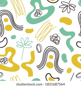Childish drawn pattern. Flowers, wave lines doodle abstract elements background. Contemporary fashion print for fabric wrapping vector seamless texture