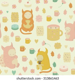 Childish dreamy seamless background with cute monsters, tea, mugs, cookies, cakes, cocoa  and flowers in vector. Seamless pattern can be used for wallpapers, textile, fabric, web backgrounds svg
