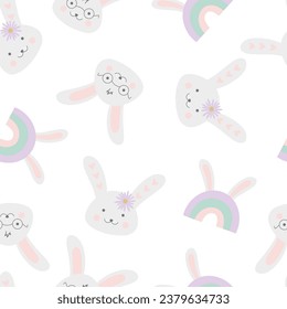 Childish Easter background with rabbit faces and rainbows. Spring design. Perfect for textile, wallpaper, print design.