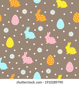 Childish easter seamless pattern with colorful pastel bunnies, eggs and flowers. Vector design. Eps 10