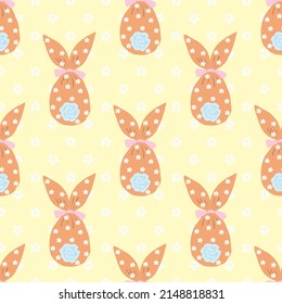 Childish Easter seamless pattern, egg with bow and ears, gift bunny, chamomile flowers, delicate baby colors, pink, blue, beige. Vector illustration suitable for fabric, paper and other design