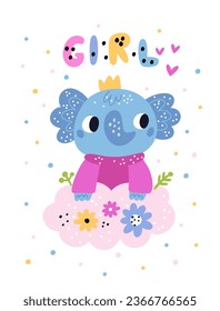 Childish elephants card. Baby shower. Girl animal. Kids birthday invitation. Holiday cute banner. Adorable newborn mammal. Toddlers birth celebration. Vector children
