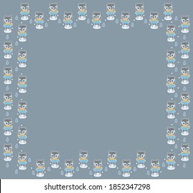 Childish empty square frame with place for text of cute little cartoon characters of teddy bears in apparel skating on ice, Christmas trees with white outline and circles on a gray background. Vector.