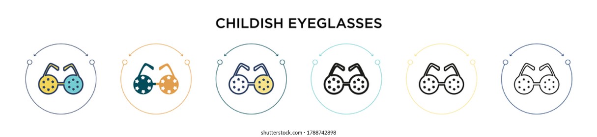 Childish eyeglasses icon in filled, thin line, outline and stroke style. Vector illustration of two colored and black childish eyeglasses vector icons designs can be used for mobile, ui, web