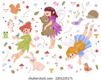 Childish fairytale seamless pattern. Colorful template with animals, smiling fairies, berries, flowers and butterflies. Design element for printing on baby bedding. Cartoon flat vector illustration