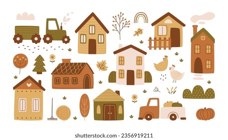 Childish fall cottage building, farm vehicle, natural elements isolated harvest village festival set. Vector illustration of traditional cozy countryside house, rainbow and fall garden drawing