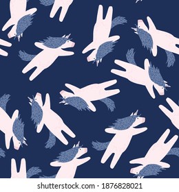 Childish fantasy seamless doodle pattern with white unicorns. Navy blue background. Magic backdrop. Decorative print for fabric design, textile print, wrapping, cover. Vector illustration