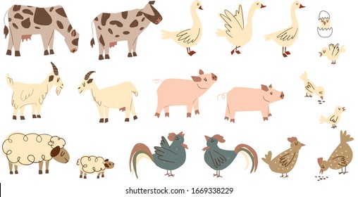 Childish farm animals vector set isolated on white background. Barnyard animals - cow, goose, goat, pig, sheep, rooster, chicken, chick. Cartoon elements for kids