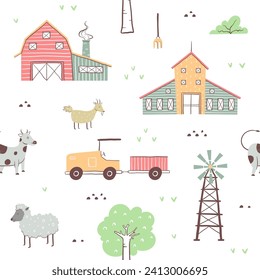 childish farm seamless pattern for fashion clothes, fabric, t shirts. hand drawn vector illustration.	