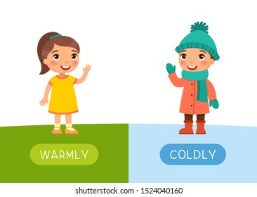 Childish flash card with antonyms vector template. Educational word card for english language with child. Seasons concept, summer and winter. Happy little girl flat illustration with typography