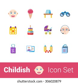 Childish flat color icon set of 12 icons.