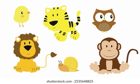 Childish flat set of animals. Vector flat editable illustrations with a lion, a tiger, a monkey, a snail, a chicken and an owl.