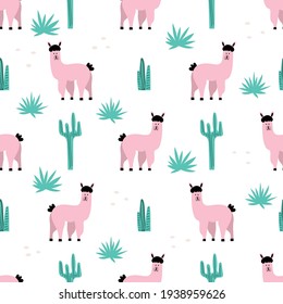 Childish flat vector endless illustration with lama on white background. Seamless pattern with wild mountain animals and plants