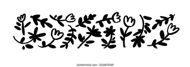 Childish floral elements isolated on white background. Small black flowers on stems and branches with leaves. Brush drawn vector wild plants. Hand drawn sketch chamomiles collection.